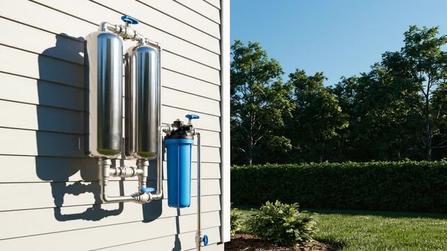 Exterior Water Filtration System Mounted on House Wall.