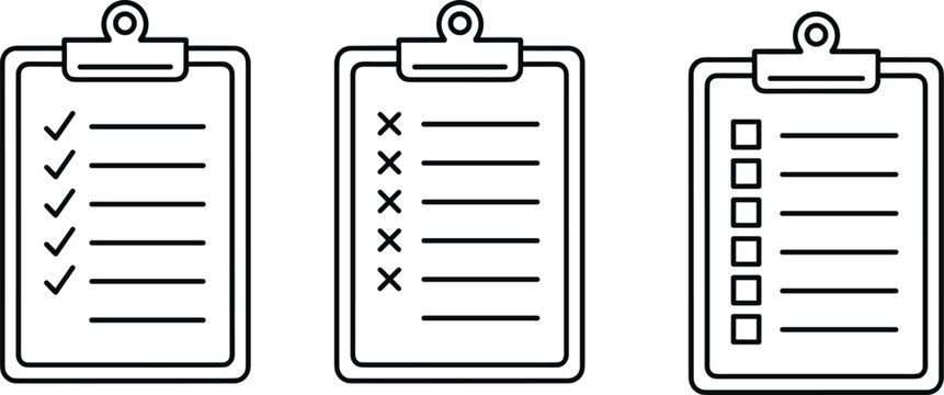 Checklist clipboard line icon set, to do list, survey form, task management and approval document symbols