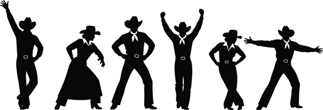 Country western cowboy dancers silhouette set, line dance couple and solo poses vector illustration isolated on white background