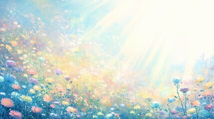 降り注ぐ春の光の中でパステルブルーとピンクの小花が揺れる草原の風景。