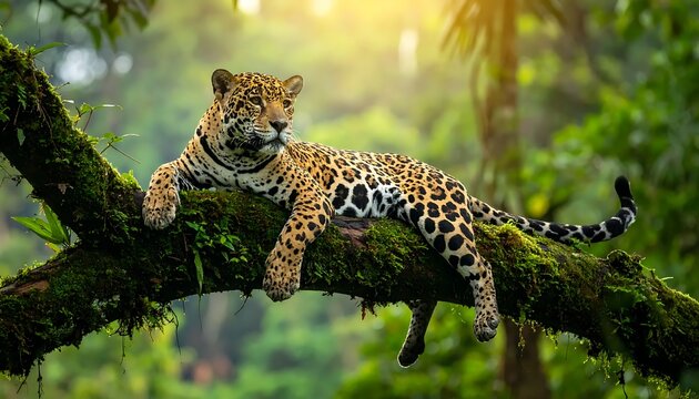 A leopard rests on a mossy tree branch in a lush forest (2)