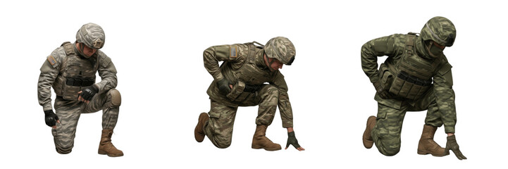 Fototapeta premium Military Soldier Kneeling with One Hand on Ground Steadying Pose Wearing Combat Helmet, Face Not Visible, Infantry Tactical Balance Position Isolated on White Background No Shadow
