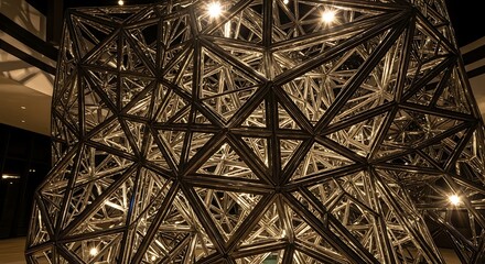 A large metallic sculpture with geometric patterns and lights
