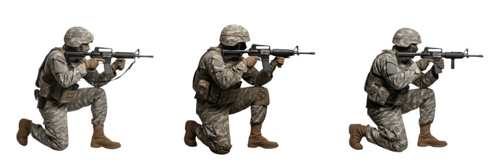 Fototapeta premium Military Soldier in Side Crouch Aiming Rifle Sideways Wearing Combat Helmet, Face Not Visible, Tactical Infantry Combat Stance Isolated on White Background Studio Cutout No Shadow