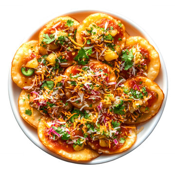 A vibrant Indian papdi chaat appetizer topped with colorful sauces, fresh cilantro, onions, and crispy sev