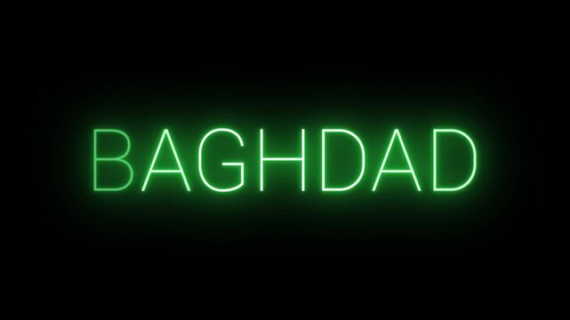 Flickering neon green glowing baghdad sign animated on black background.