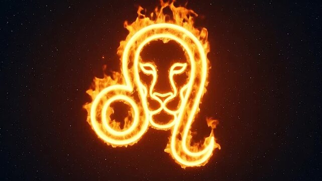 Leo zodiac sign glowing in fiery flames on dark background, depicting majestic astrological symbol surrounded by fire.