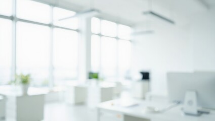 Fototapeta premium Blurry modern office interior with white furniture and large windows bright workspace