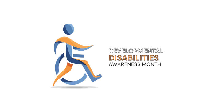 Illustration of a person in motion with a blue and orange design for Developmental Disabilities Awareness Month with a supportive community background.
