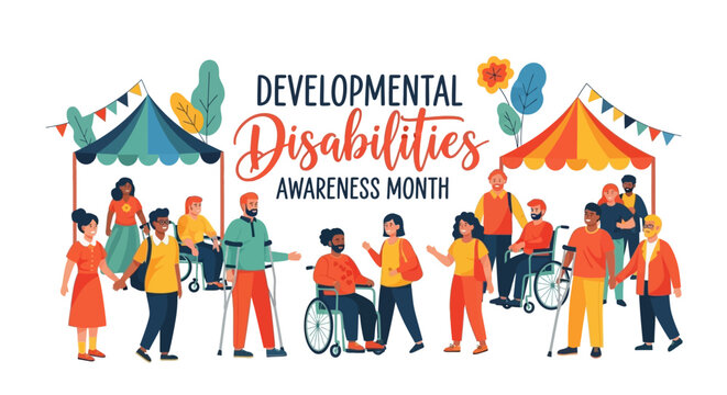 Illustration of diverse people supporting Developmental Disabilities Awareness Month with inclusive community and accessibility themes.