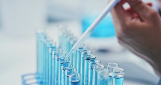 Scientist, hands and tube with vial for chemical testing, clinic trial or cure in laboratory. Closeup, doctor and experiment with liquid or syringe for medical research or development in hospital