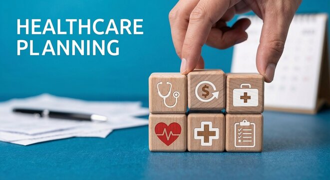 Healthcare planning with wooden blocks on a blue background and office supplies