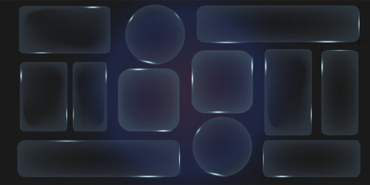 Set of frames and design UI UX elements in the style of liquid glass. Collection of translucent geometric shapes with glassy effect on a dark background. Includes rectangles, circles, and ovals.