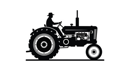 Obraz premium A striking black silhouette depicts a farmer operating a vintage tractor in open countryside silhouette high quality professional