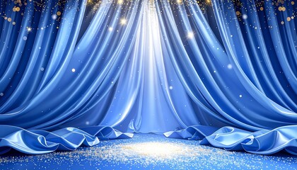 高貴なロイヤルブルーのカーテンと黄金の粒子が舞う格調高いステージ背景