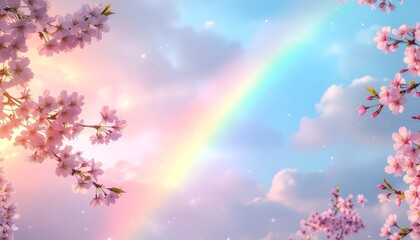 祝福の雨上がりに輝く七色の虹と舞い散る光の粒子が溶け合う桜の聖域