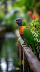 Obraz premium Colorful Blue and Yellow Macaw Perched on Wooden Bridge
