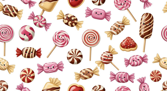 Cute Colorful Cartoon Candies and Lollipops Arranged in Seamless Pattern on White Background