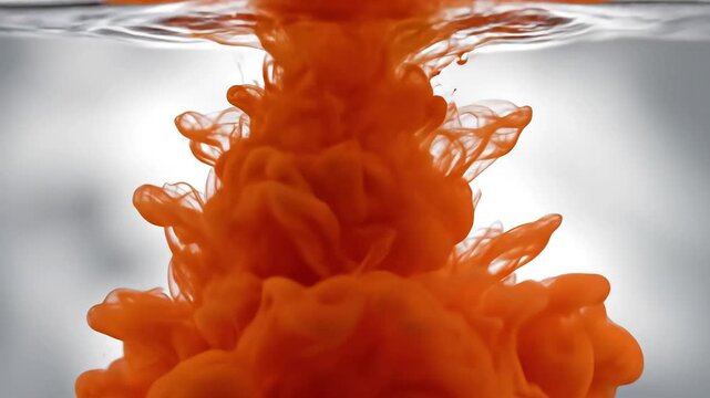 Vibrant orange ink cloud blooming and swirling underwater in slow motion creating abstract organic shapes and patterns against a soft grey background.