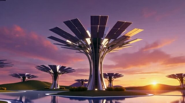 A futuristic landscape with large, tree-like structures and a serene body of water at sunset