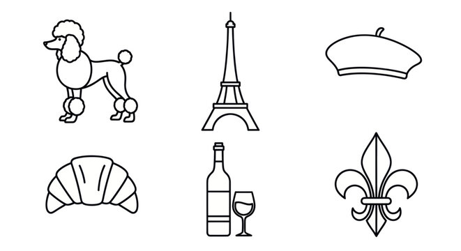 Parisian Icons: Poodle, Eiffel Tower, Croissant, Wine, Beret, Fleur-de-lis