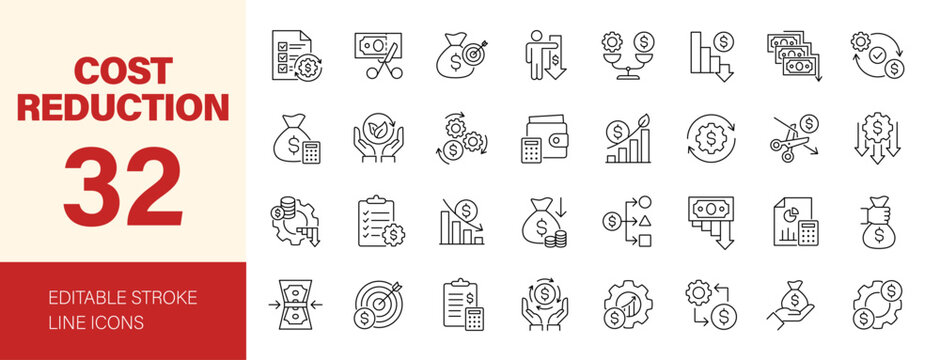 Cost Reduction icon set. Editable line icons. Vector illustration.