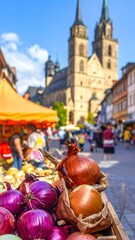 Obraz premium A vibrant market scene with a stunning church backdrop