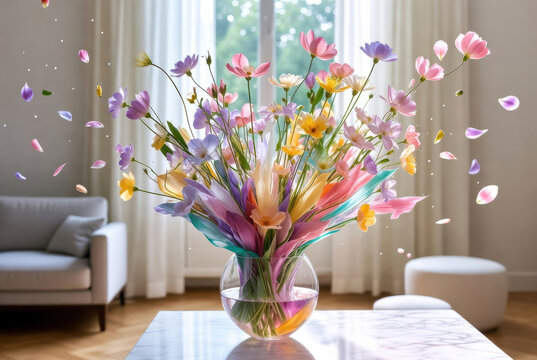 Bouquet vivace di fiori colorati con petali fluttuanti in un luminoso salotto moderno. Generative AI 