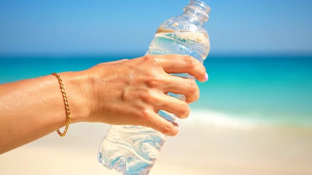 Hand Holding Water Bottle on Tropical Beach.