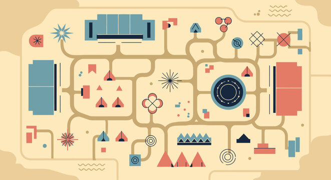 This flat design vector illustration provides a clean, aerial overview of a vibrant music festival ground, showcasing stages, tents, and pathways in a stylized, map-like format. 