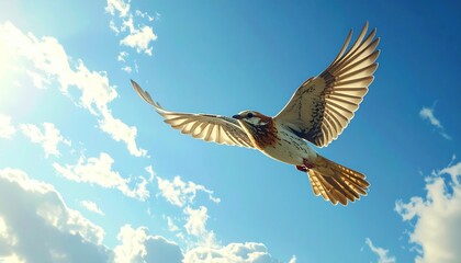 Obraz premium Bird in flight against a blue sky with clouds.