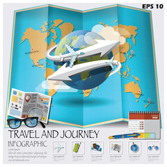 Travel and Journey Infographic Mega-Set. Vector Illustration of Global Map, Aviation Routes, and Tourist Equipment Icons © RANA