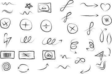 Naklejka premium Hand-drawn symbols and doodles illustration showcasing various abstract elements and icons in a minimalist style from a straightforward viewpoint
