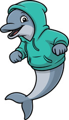 Naklejka premium Friendly Dolphin Character Wearing a Stylish Teal Hoodie While Happily Smiling