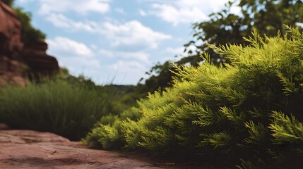Fototapeta premium Close up of lush green foliage in a serene natural landscape with red rock formations and a bright blue sky