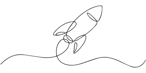 One continuous line art drawing of spacecraft. Rocket space ship launch vector illustration, Continuous line drawing of spaceship flying. Single line illustration of rocket spaceship launch, one line. © JCS Graphic Design 