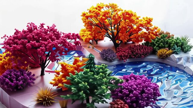 Colorful miniature landscape with trees and water.