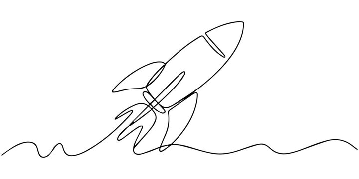 One continuous line art drawing of spacecraft. Rocket space ship launch vector illustration, Continuous line drawing of spaceship flying. Single line illustration of rocket spaceship launch, one line.