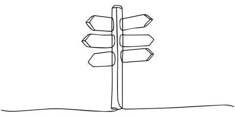 Direction signpost continuous one line drawing. Minimalist vector outline illustration of multiple arrows on pole showing navigation choices. © JCS Graphic Design 