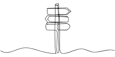 Direction signpost continuous one line drawing. Minimalist vector outline illustration of multiple arrows on pole showing navigation choices. © JCS Graphic Design 