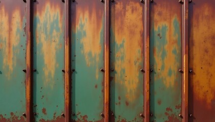 Fototapeta premium Weathered metal paneling with vibrant colors and vertical lines creating a textured abstract background.