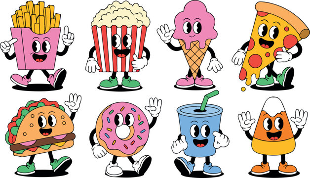 Collection of playful fast food and sweet characters in a fun retro cartoon style