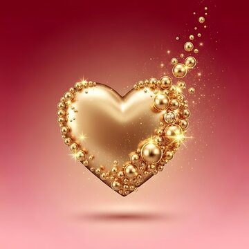 A shiny gold heart with orbs on a red background