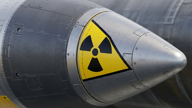 Close up of a nuclear missile warhead with radiation symbol