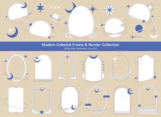 モダン天体フレーム＆ボーダーセット：ミニマルな月と星の線画素材集