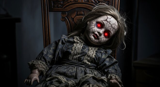 A creepy doll with a cracked face sits on a chair