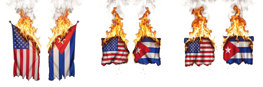 United States Cuba Flags Burning in the Middle Isolated on White Background, USA Cuba Historic Tension Concept, Cold War Era Political Conflict Symbol Image