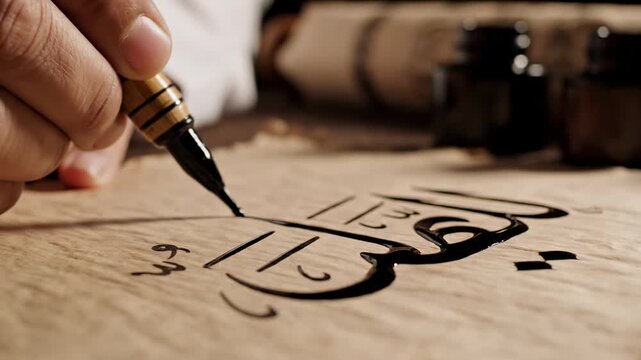 Hand Holding Calligraphy Pen Writing Arabic Script on Aged Parchment with Ink Pots and Scroll Background Warm Lighting