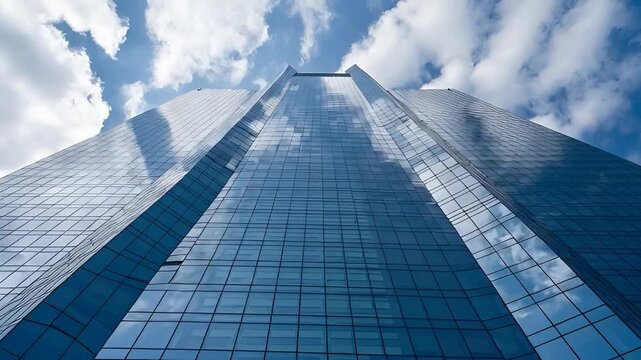 Modern skyscraper with reflective glass facade.