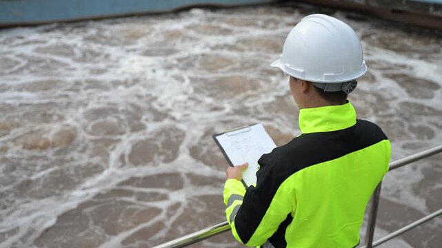 Professional environmental engineers inspecting a modern wastewater treatment plant process, monitoring water quality and aeration system for industrial sustainability and ecology.
